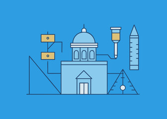 Fototapeta premium Abstract illustration of architectural elements scientific tools and a stylized building connected by lines on a blue background