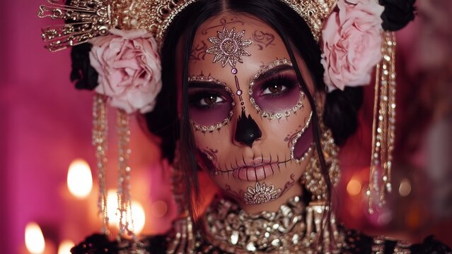 A female influencer livestreamed her Día de Muertos makeup tutorial, with half her face already done. A surreal, spiritual scene