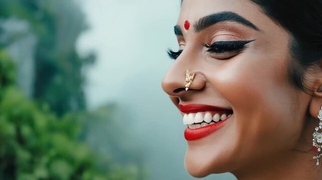 Smiling Woman with Bindi in Forest at Sunset