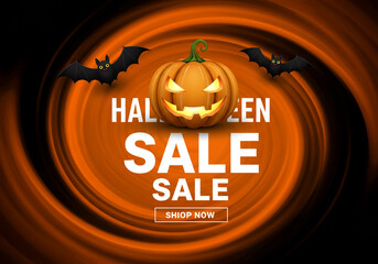 Halloween Sale Ad with Glowing Jack-o'-Lantern and Swirling Orange Background
