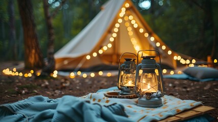 Magical camping setup with lantern glow and sparkling string lights, creating a tranquil and relaxing nature retreat at dusk