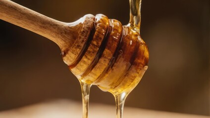Fototapeta premium Close-up of a wooden honey dipper pouring golden honey with a blurry brown background