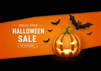 Halloween Sale Promo with Glowing Jack-o'-Lantern and Bats on Orange Background