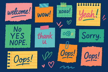 Colorful Sticky Note Collage with Handwritten Phrases and Expressive Visuals