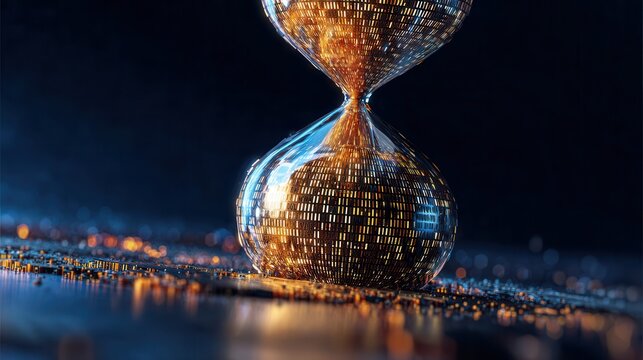 Digital Hourglass Reflecting Time and Technology on a Dark Background