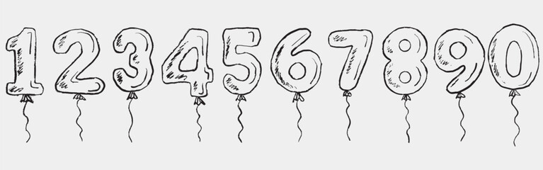 Hand drawn balloon numbers from 0 to 9 with strings and shading. Vector sketch illustration in vintage crayon charcoal style. Happy birthday party balloons