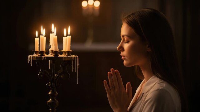 A young woman in prayer with candles lit in a dimly lit room, conveying a sense of peace and spirituality
