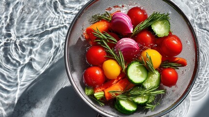 Colander filled with fresh vegetables above shimmering water