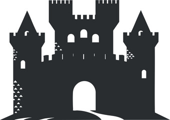 Obraz premium Silhouette of a medieval castle with towers and battlements, symbolizing historic architecture.