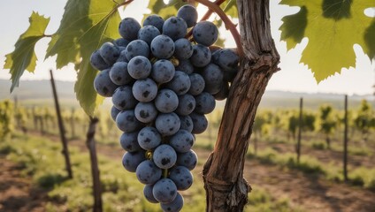 Fototapeta premium Close-up of dark grapes on a vine, with rows of vines blurred in the background