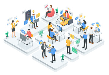 Isometric vector business people with laptops and tablets working in an office, in color on a white background, working remotely or online in a team