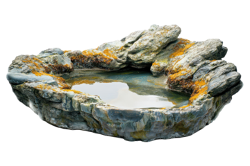 Rocky basin filled with water reflecting the sky above