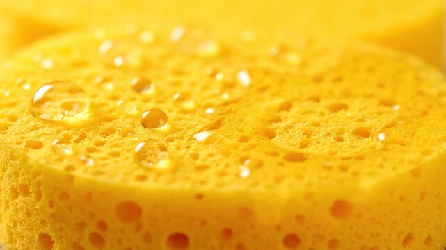 Wet Yellow Sponge Detail - A macro shot showcases the texture of a yellow sponge, saturated with water droplets on its porous surface.