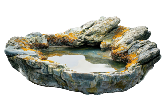 Rocky basin filled with water reflecting the sky above