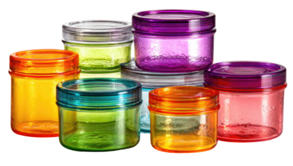 Colorful glass jars clustered, clear lids, varying shades
