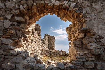 View through stone opening of ruined wall of ancient fortress or castle onto other ruins against blue sky