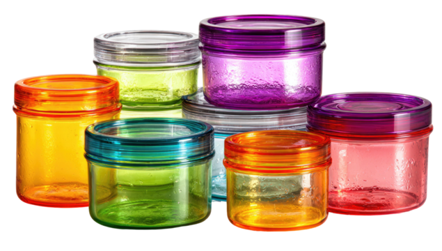 Colorful glass jars clustered, clear lids, varying shades
