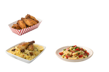 PNG image of A spread of food featuring chicken wings, chicken with rice, and pasta salad in white bowls set up