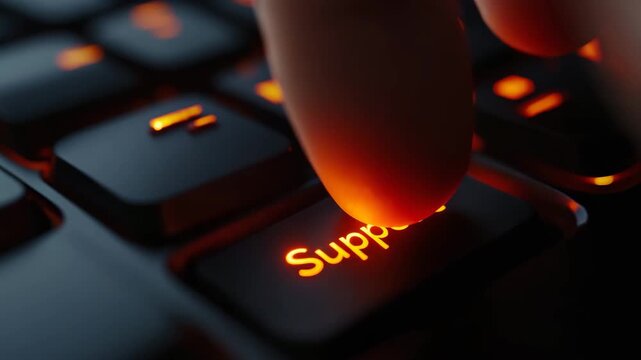 IT helpdesk button on computer keyboard with warm light, Finger pressing 