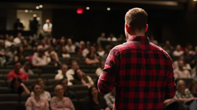 Male speaker in plaid shirt and orange wristband holds mic on dimly lit stage under spotlight. Bokeh diverse audience in conference hall, some taking notes. Professional seminar presentation