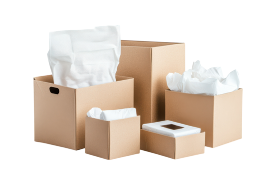 Assortment of cardboard boxes filled with white packing paper - Powered by Adobe