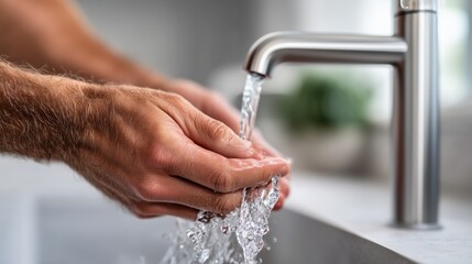 Close-up of a person washing hands under a modern faucet
