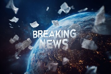 Grandiose title "BREAKING NEWS" in a futuristic style against the background of a sunset or sunrise over planet Earth, which glows with city night lights, with papers flying around