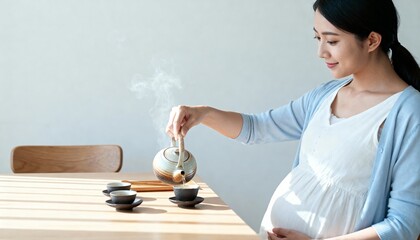 pregnant asian woman pouring tea into cup at dining table, soft morning light, peaceful relaxed scene