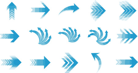 Dynamic collection of diverse blue vector arrows illustrating direction, progress, and movement concepts for graphic design projects, presentations, and digital interfaces