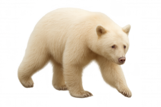 Kermode spirit bear walking, rare white fur, ursus americanus kermodei, isolated animal on transparent background