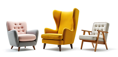 Fototapeta premium Three stylish armchairs in different colors and designs arranged on a clean isolated on white background