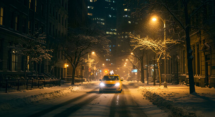 Snowstorm. Night taxi on quiet city street