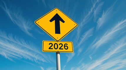 Naklejka premium Bright Yellow Diamond-Shaped Upward Arrow Road Sign with '2026' Sub-Sign Against Clear Blue Sky with Wispy Clouds, Representing Future Direction, New Year Goals, and Forward Progress