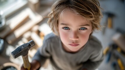 Child with light brown hair holding a hammer