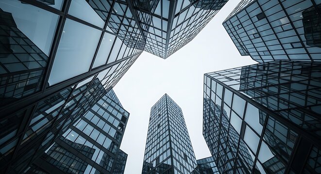 Looking Up at Modern Glass Skyscraper Architecture.