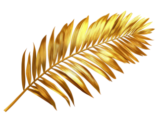 Glossy gold palm frond, segmented leaf pattern, ornate, on black background