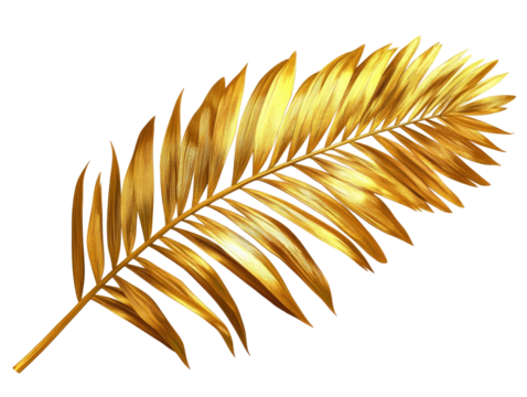 Glossy gold palm frond, segmented leaf pattern, ornate, on black background