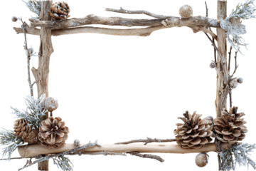 Winter frame from natural branches and pine cones covered with artificial snow on transparent background, Christmas decor