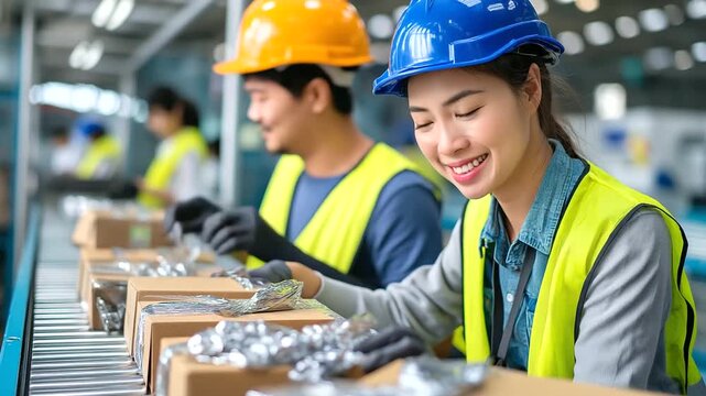 Young Asian Female Returns Processing Specialist Sorting Damaged Online Purchase Returns on a Reverse Logistics Conveyor System. Quality Assurance Worker in Safety Vest Inspecting