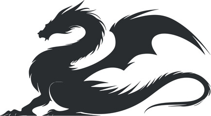 Black silhouette of a mythical dragon with intricate details and fierce posture.