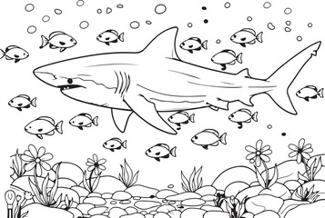 Fototapeta premium Option 1 (Best): Shark Underwater Coloring Page with Fish and Seaweed