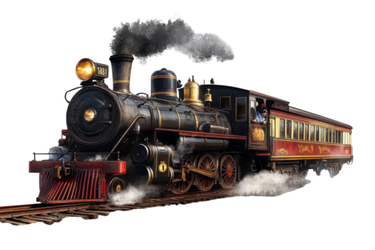 Vintage steam train with smoke billowing on the tracks