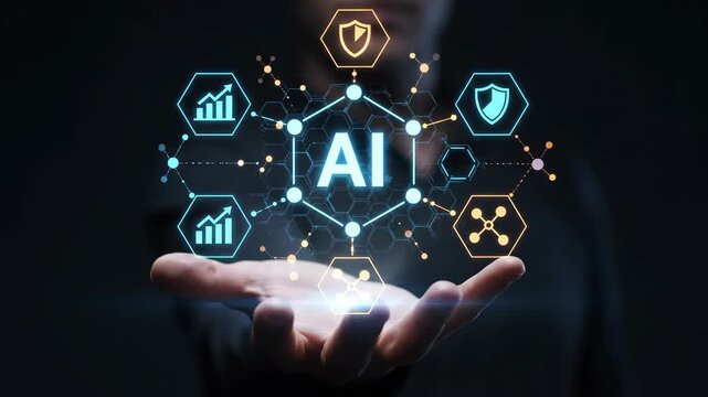 Artificial intelligence concept with ai symbol in a hexagonal network, held in a persons palm, symbolizing innovation and future technology vector illustration