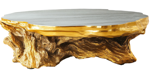 Gold-painted wood base topped with flat gray stone; unique coffee table