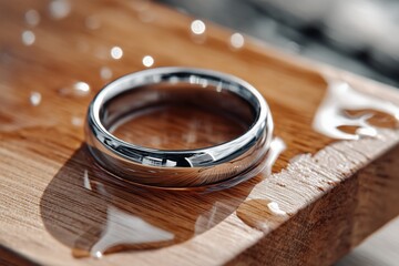 Elegant silver wedding ring with water droplets on wooden surface