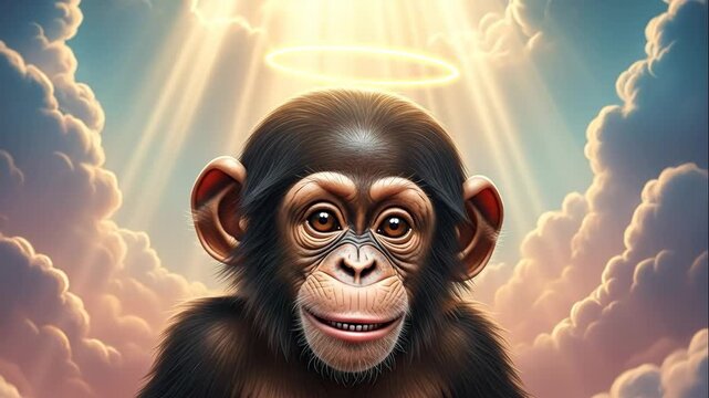 Angelic Chimpanzee Portrait - A close-up portrait of a chimpanzee with a glowing halo above its head, set against a backdrop of fluffy clouds and radiant sunbeams.