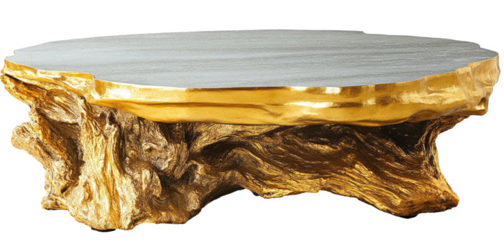 Gold-painted wood base topped with flat gray stone; unique coffee table