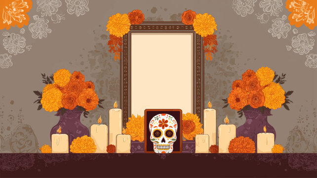 Traditional ofrenda altar with candles, marigold flowers, and sugar skulls for Day of the Dead, Mexican remembrance celebration vector.