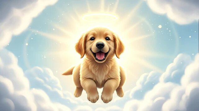 Heavenly Golden Retriever - A golden retriever puppy floats in the sky with a halo, suggesting it's in heaven or has angelic qualities.