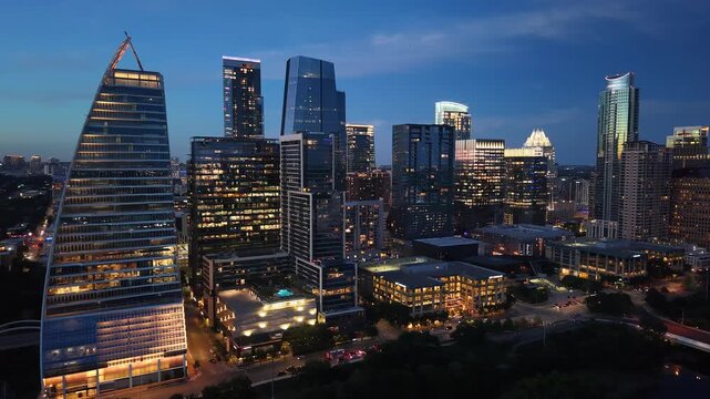 The Austin Texas Downtown Skyline at Golden Hour Sunset (4K Drone)